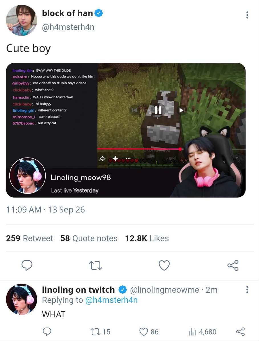 leebibith's tweet photo. streamer minho usually makes live reactions to asmr or funny cat videos but this time he chooses h4nmsterh4n's minecraft let's play. minho doesn't know it yet but han will use chemistry between them as fanservice for views and likes (and will fall in love later) https://t.co/7v12cFkzKg