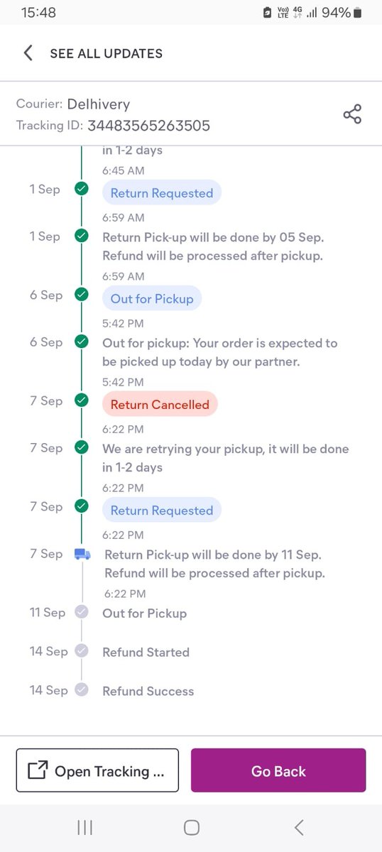 AshitaRachel's tweet photo. @meesho_support @Meesho_Official @meesho_support this is the Meesho app. It says return pick up by 11 Sept, which does not make sense, as 11 Sept is gone by. Where can I see the update on the ticket you have raised now. Also, you'll have yourselves cancelled the return pick up earlier. https://t.co/Vcl1hwvgFL