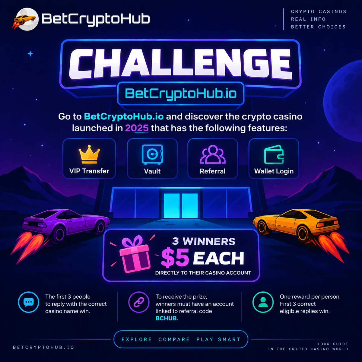 betcryptohub's tweet photo. 🔎 https://t.co/XG8lkKUDCd Challenge #1
Can you find the crypto casino launched in 2025 with all 4 features?
👑 VIP Transfer
🔐 Vault
🤝 Referral
👛 Wallet Login
🎁 First 3 correct replies win a $5 tip!
Winners must be linked to referral code BCHUB to receive the prize.
Ready? Start searching → https://t.co/XG8lkKUDCd 🚀