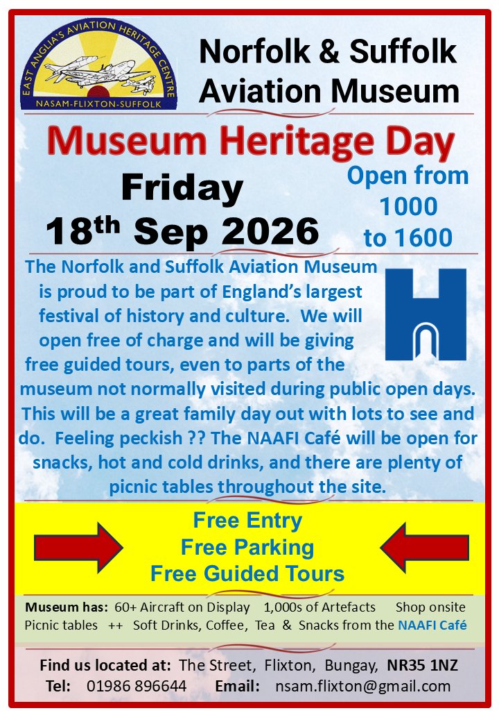 FlixtonMuseum's tweet photo. 𝗡𝗲𝘅𝘁 𝗮𝘁 𝗡𝗔𝗦𝗔𝗠

𝗛𝗲𝗿𝗶𝘁𝗮𝗴𝗲 𝗢𝗽𝗲𝗻 𝗗𝗮𝘆 𝗮𝘁 𝘁𝗵𝗲 𝗠𝘂𝘀𝗲𝘂𝗺
𝗙𝗿𝗶𝗱𝗮𝘆 𝟭𝟴𝘁𝗵 𝗦𝗲𝗽𝘁𝗲𝗺𝗯𝗲𝗿 𝟮𝟬𝟮𝟲

FREE entry, FREE parking and FREE guided tours, this will be a great family day out

➡️ For more on this event, go to: https://t.co/zUTHpqV3NZ https://t.co/y95o3zwdOS
