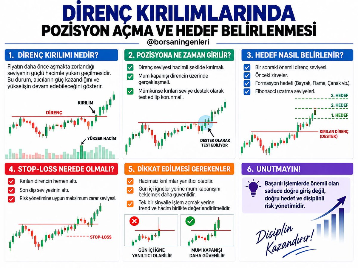 grafikakademi's tweet photo. DİRENÇ KIRILIMLARINDA POZİSYON AÇMA VE HEDEF BELİRLENMESİ

📈 Direnç Kırılımı Nedir?
Fiyatın daha önce aşmakta zorlandığı seviyenin güçlü hacimle yukarı geçilmesidir. Bu durum, alıcıların güç kazandığını ve yükselişin devam edebileceğini gösterir.

✅ Pozisyona Ne Zaman Girilir?
• Direnç seviyesi hacimli şekilde kırılmalı.
• Mum kapanışı direncin üzerinde gerçekleşmeli.
• Mümkünse kırılan seviye destek olarak test edilip korunmalı.

🎯 Hedef Nasıl Belirlenir?
• Bir sonraki önemli direnç seviyesi.
• Önceki zirveler.
• Formasyon hedefi (Bayrak, Flama, Çanak vb.).
• Fibonacci uzatma seviyeleri.

🛑 Stop-Loss Nerede Olmalı?
• Kırılan direncin hemen altı.
• Son dip seviyesinin altı.
• Risk yönetimine uygun maksimum zarar seviyesi.

⚠️ Dikkat Edilmesi Gerekenler
• Hacimsiz kırılımlar yanıltıcı olabilir.
• Gün içi iğneler yerine mum kapanışını beklemek daha güvenlidir.
• Tek bir sinyalle işlem açmak yerine trend ve hacim birlikte değerlendirilmelidir.

💡 Unutmayın; başarılı işlemlerde önemli olan sadece doğru giriş değil, doğru hedef ve disiplinli risk yönetimidir.

#BIST #BIST100 #BIST30 #AKBNK #ASELS #ASTOR #BIMAS #EKGYO #ENKAI #EREGL #FROTO #GARAN #GUBRF #HEKTS #ISCTR #KCHOL #KOZAL #KRDMD #PETKM #PGSUS #SAHOL #SASA #SISE #TCELL #THYAO #TOASO #TUPRS #VAKBN #YKBNK