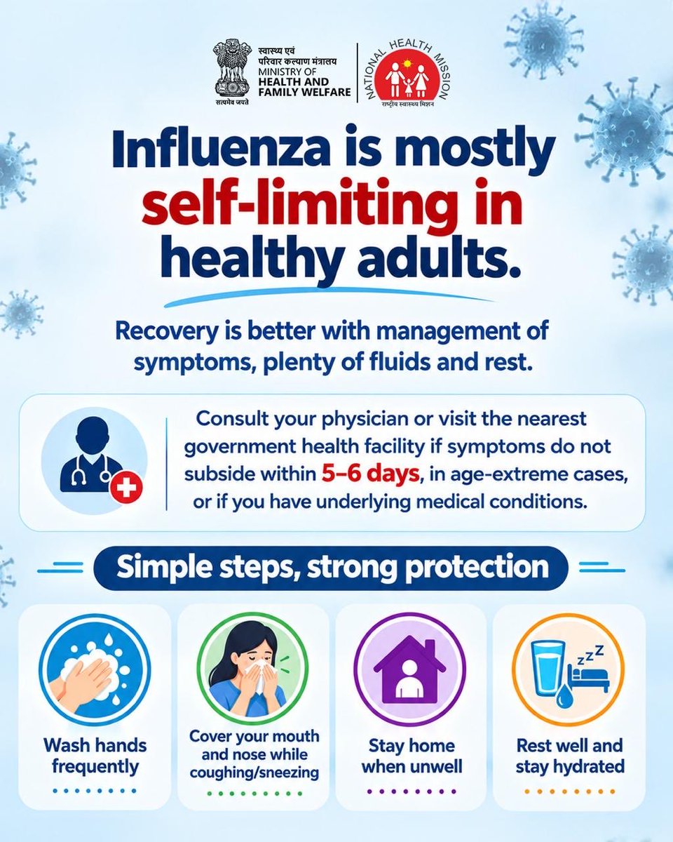 MoHFW_INDIA's tweet photo. Influenza A (H1N1) is a seasonal respiratory infection that is mostly self-limiting in healthy adults. Common symptoms include fever, cough, sore throat, headache, body aches and fatigue.

If symptoms persist beyond 5–6 days, or occur in young children, elderly persons or those with underlying medical conditions, consult a doctor or visit your nearest government health facility.

#H1N1 #Influenza #HealthForAll