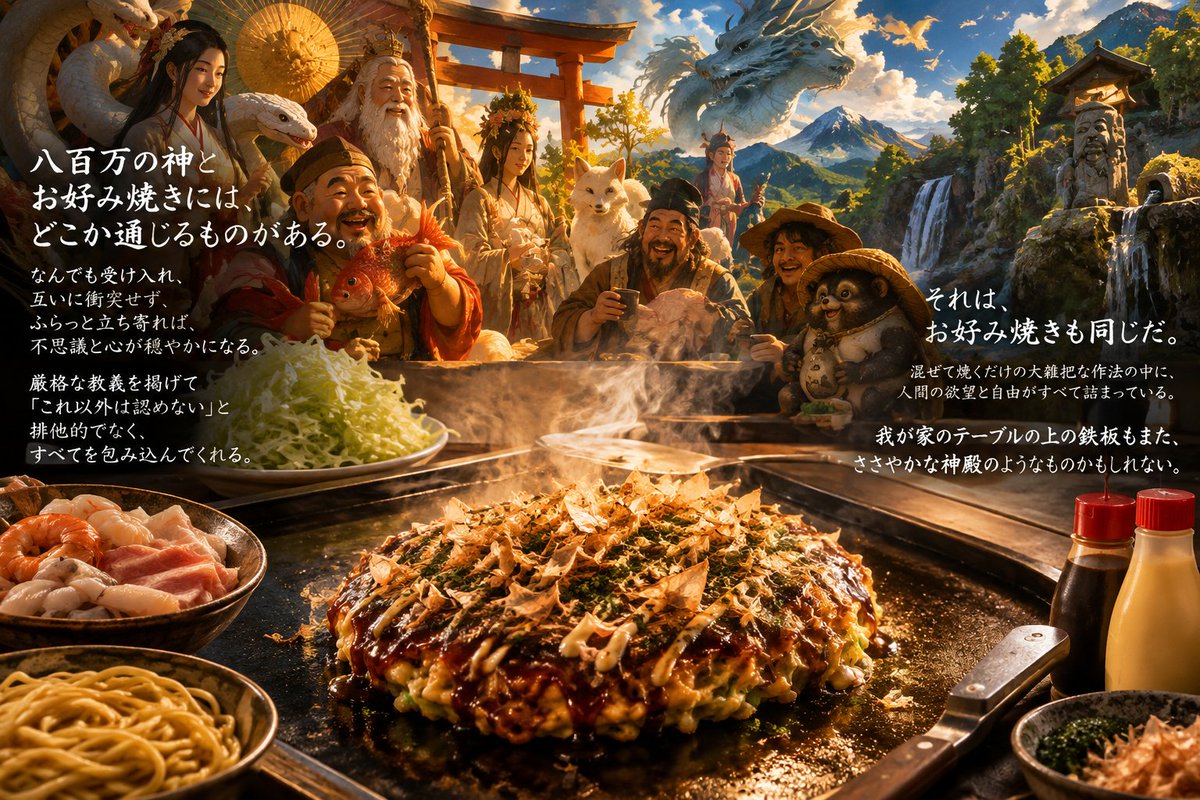 Beginneroosaka's tweet photo. 八百万の神とお好み焼きには、どこか通じるものがある。
​厳格な教義を掲げて「これ以外は認めない」と排他的でなく、なんでも包みこんでくれる。

八百万の神々は八百万というだけあって、山にも川にも、石ころやトイレの神様まで鎮座していらっしゃる。なんでも受け入れ、互いに衝突せず、神社にふらっと立ち寄れば不思議と心が穏やかになる。あの、すべてを包み込むようなユルさと懐の深さは癒しの神様だ。
​その神聖な精神を、最も美味しく、最も庶民的なかたちで体現しているのが「お好み焼き」ではないかと思う。
​お好み焼きの懐の深さは、神々のそれといい勝負をしている。キャベツと小麦粉があれば基本は成立するし、豚肉を入れようが、イカやエビの魚介を放り込もうが、冷蔵庫の片隅でしなびかけた野菜を刻んで混ぜようが、すべてを完璧に受け止めてくれる。なんなら炭水化物であるそばを中にぶち込んでも怒られない。栄養バランスを見ても、肉、魚介、野菜、小麦粉が一体となり、これ一枚で完全食になり得る。他のおかずを必要とせず、ただそれだけで美しく自己完結している姿は、もはや一つの小宇宙だ。
​味付けの寛容さも尋常ではない。王道のソースはもちろん、さっぱり醤油でも、マヨネーズの海に溺れさせても、青海苔や鰹節を雪のようにまとわせても、すべてを美味の着地点へと着地させる。
​西洋のピザと比べてみると、その自由度の高さがより際立つ。ピザも具材のバリエーションは豊かだが、どうしても「ピザ生地」という厳格なステージと「チーズのトッピング」という掟から外れることは許されない。イタリアの誇る伝統的な美学がそこにはある。
​それに比べてお好み焼きはどうだ。「お好み」という名前がついている通り、そもそもルールすらない。混ぜて焼くだけという大雑把な作法の中に、人間の欲望と自由がすべて詰め込まれている。
​ときどき無性に「お好み焼きが食べたい」と脳裏をよぎる時がある。あのソースの焦げる香ばしい匂いを思い浮かべ、鉄板の前に陣取ると、日々の細々とした悩みや面倒く���い理屈がどうでもよくなる。
​肩の力を抜いて、なんでもありの生地にヘラを入れ、目の前の熱々を口に運ぶ。
我が家のテーブルの上の鉄板もまた、ささやかな神殿のようなものかもしれない。

https://t.co/pH0giJ3VRS
