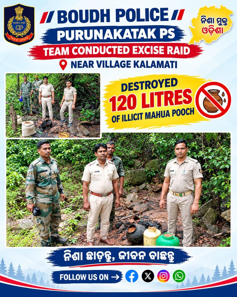 BoudhPolice's tweet photo. ପୁରୁଣାକଟକ ଥାନା ପୋଲିସ ଟିମ୍ କଳାମାଟି ଗ୍ରାମ ନିକଟରେ ଅବକାରୀ ଚଢ଼ାଉ କରି ୧୨୦ ଲିଟର ଅବୈଧ ମହୁଲ ପୋଚ ନଷ୍ଟ କରିଛି।

Purunakatak PS team conducted excise raid near village Kalamati, resulting in the destruction of 120 Litres of illicit mahua pooch.
#BoudhPolice #ExciseRaid #NashaMuktOdisha #OdishaPolice