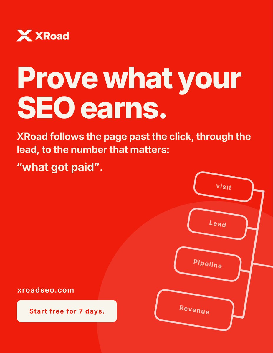XRoadSEO's tweet photo. Prove what your SEO earns.
Visit → Lead → Pipeline → Revenue, in one place.

Start a free trial: https://t.co/SlpGghw46s

#seo https://t.co/8uhuQAd4Uk