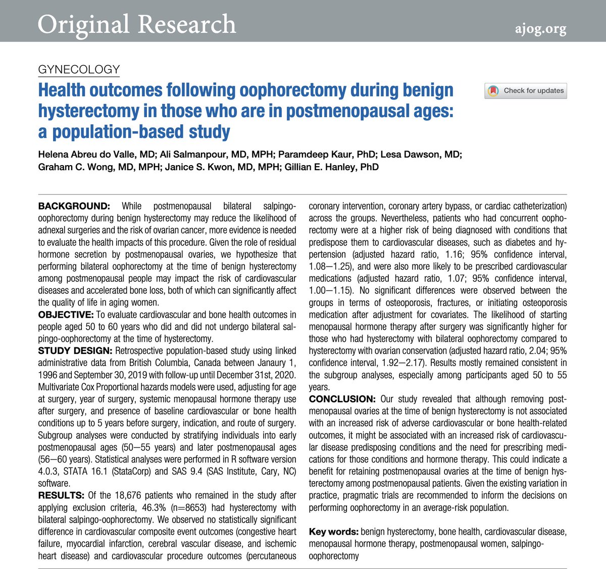 AJOG_thegray's tweet photo. Health outcomes following oophorectomy during benign hysterectomy in those who are in postmenopausal ages: a population-based study https://t.co/AuAvRKpjBT https://t.co/RDRTvpMCE5