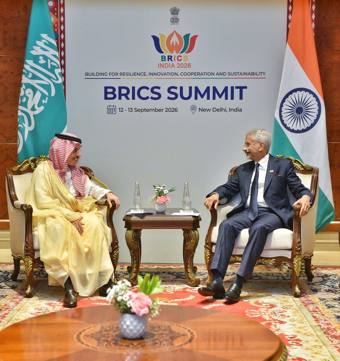 DrSJaishankar's tweet photo. Pleased to meet FM Saudi Arabia, Prince Faisal bin Farhan Al Saud @FaisalbinFarhan on the sidelines of #BRICSIndia2026.

Exchanged perspectives on regional &amp; global developments, as well as on advancing our bilateral cooperation. 

🇮🇳 🇸🇦 

#BRICS2026 #IndiaBRICSChairship https://t.co/3FSfWiyBTp