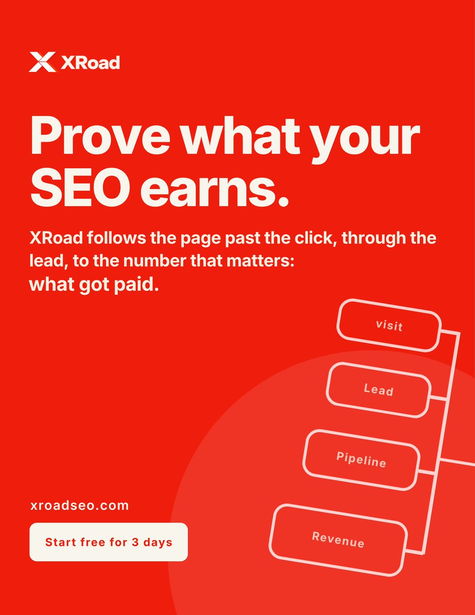 XRoadSEO's tweet photo. Prove what your SEO earns.
Visit → Lead → Pipeline → Revenue, in one place.

Start free for 3 days: https://t.co/SlpGghw46s https://t.co/LszKMTTso9