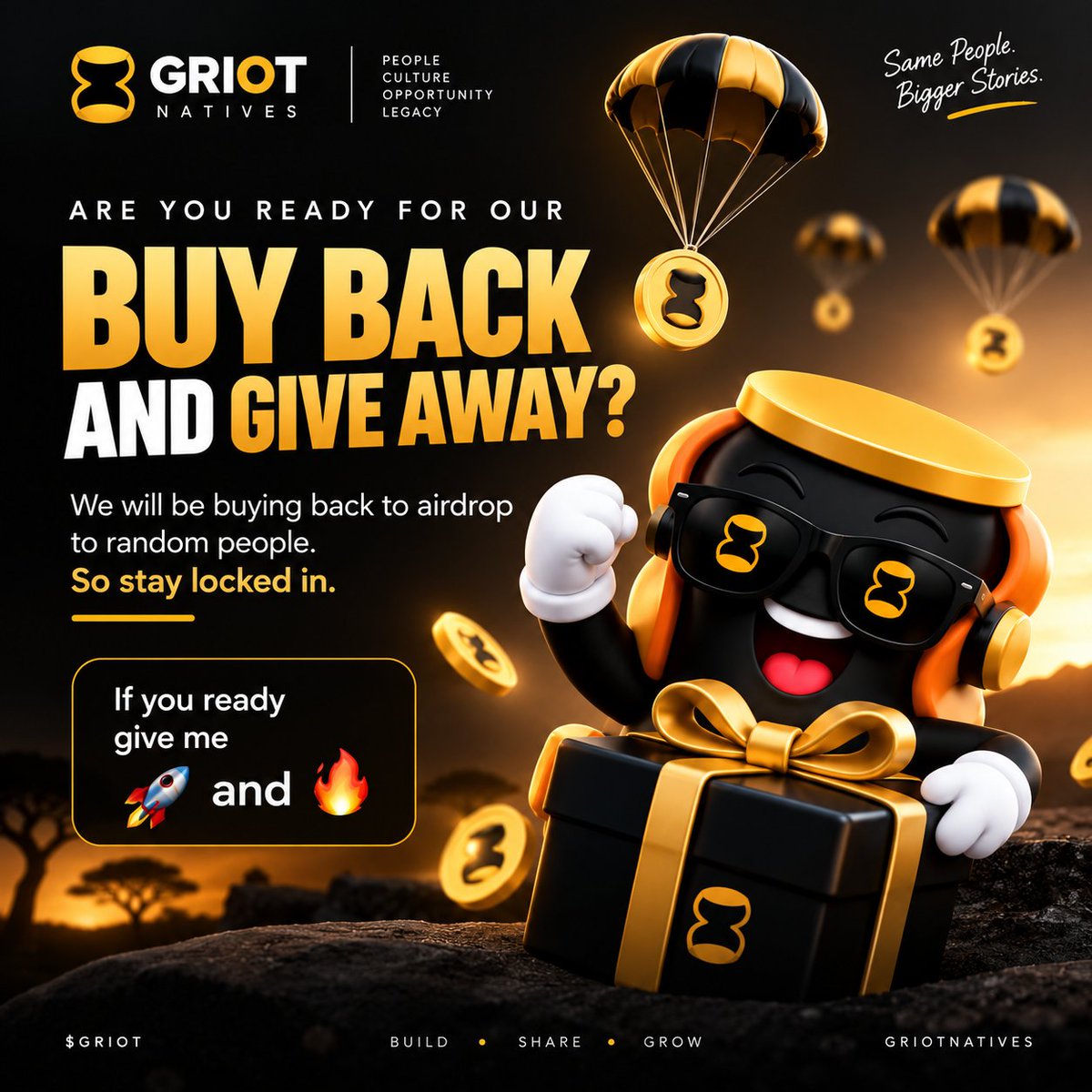 Griotnative's tweet photo. NATIVES… ARE YOU READY? 🚀🔥
We’re preparing a $GRIOT buyback + giveaway.

We’ll buy back $GRIOT and airdrop it to randomly selected community members.

Stay active. Stay locked in. 👀

If you’re ready, drop 🚀🔥 below.

DYOR. Not financial advice. https://t.co/kpDDXao2hT