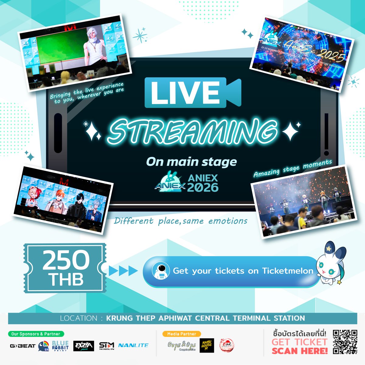 AniEx_event's tweet photo. 📺✨ เปิดจำหน่ายบัตร AniEx 2026 Live Streaming แล้ว!
อยู่ที่ไหนก็ไม่ต้องพลาดบรรยากาศและกิจกรรมจาก AniEx 2026 เตรียมรับชม Live Streaming ส่งตรงจากงานไปพร้อมกัน! 🔥

บัตร Live Streaming ราคา 250 บาท
🎫ซื้อบัตรได้ที่นี่ : https://t.co/fpRdv6ALLC

______________________________________________

📺✨ AniEx 2026 Live Streaming tickets are now on sale!
Can't make it to the event? You can still join the fun and catch the excitement of AniEx 2026 through our Live Streaming! 🔥

Live Streaming Ticket: 250 THB
🎫 AniEx 2026 ticket here: https://t.co/fpRdv6ALLC

•••••••••••••••••••••••••••••••••••••
AniEx 2026
📆 Date : Sunday, 11th October 2026
⏰ Time : 11 AM - 7 PM
📍 Location : Krungthep Aphiwat Central Terminal (Bang Sue Grand Station)
🚇 MRT Blue Line, Bang Sue Station
🚅 SRT Red Line, Krung Thep Aphiwat Station
See you soon!

#AniEx #AniEx2026 #AX2026 #AXREBOOT #REBOOT #NIJISANJIEN #VTubersEN #ShowtaroMorikubo #MiyuTomita #BIYA #KohanaLam #KizunaAI #キズナアイ #Oyabun #VTuber #CosplayOK