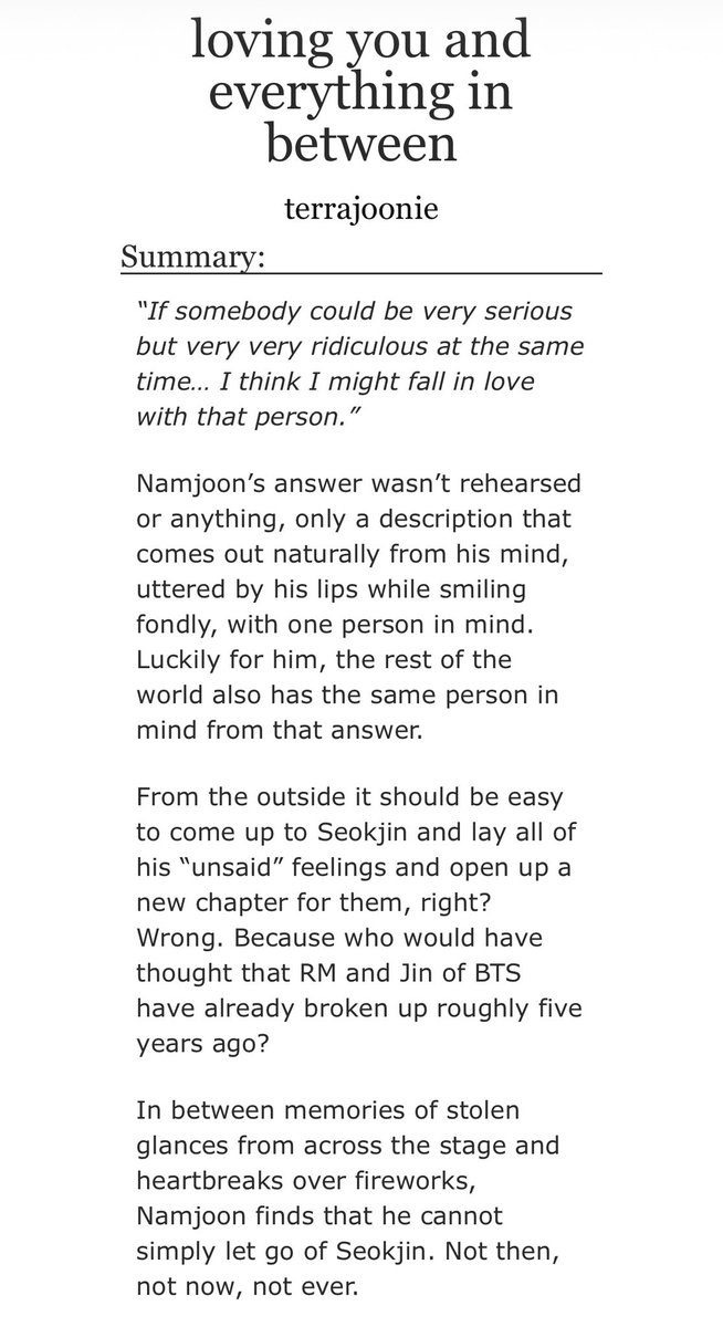 terrajoonie's tweet photo. ~ loving you and everything in between ~
a #namjinau | 1/4 chapters | ongoing

• canon compliant (loosely)
• exes to lovers, getting back together
• namjoon describing his ideal type in the form of seokjin - except they already broke up
• ao3: https://t.co/PEVJ9yH3Be https://t.co/zoCj7fGmPD