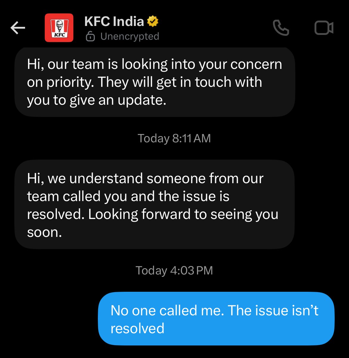 ShettyMahin's tweet photo. @KFC_India If you aren’t going to resolve my issue, at least don’t blatantly lie and say that someone called me and the issue is resolved. This is pathetic service. https://t.co/SPGJ52Uo49