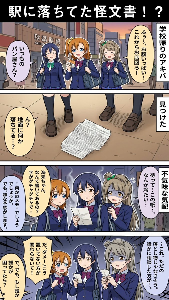 chitose1999ai's tweet photo. ラブライブのGemini新・4コマ漫画②

・駅に落ちてた怪文書！？

・Grok 触れてみた！

#AIart #lovelive https://t.co/Z4RYyfmptn