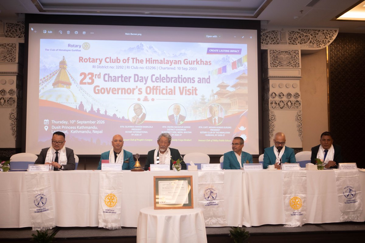 RCTH_Gurkhas's tweet photo. 23rd Charter Day Celebrations and DG's Official Visit to the Club concluded on 10 Sep 2026.
#DGVisit #RotaryInternational #RID3292 #RCTheHimalayanGurkhas #ServiceAboveSelf #CharterDay #CreateLastingImpact https://t.co/WJzxLAwqM8
