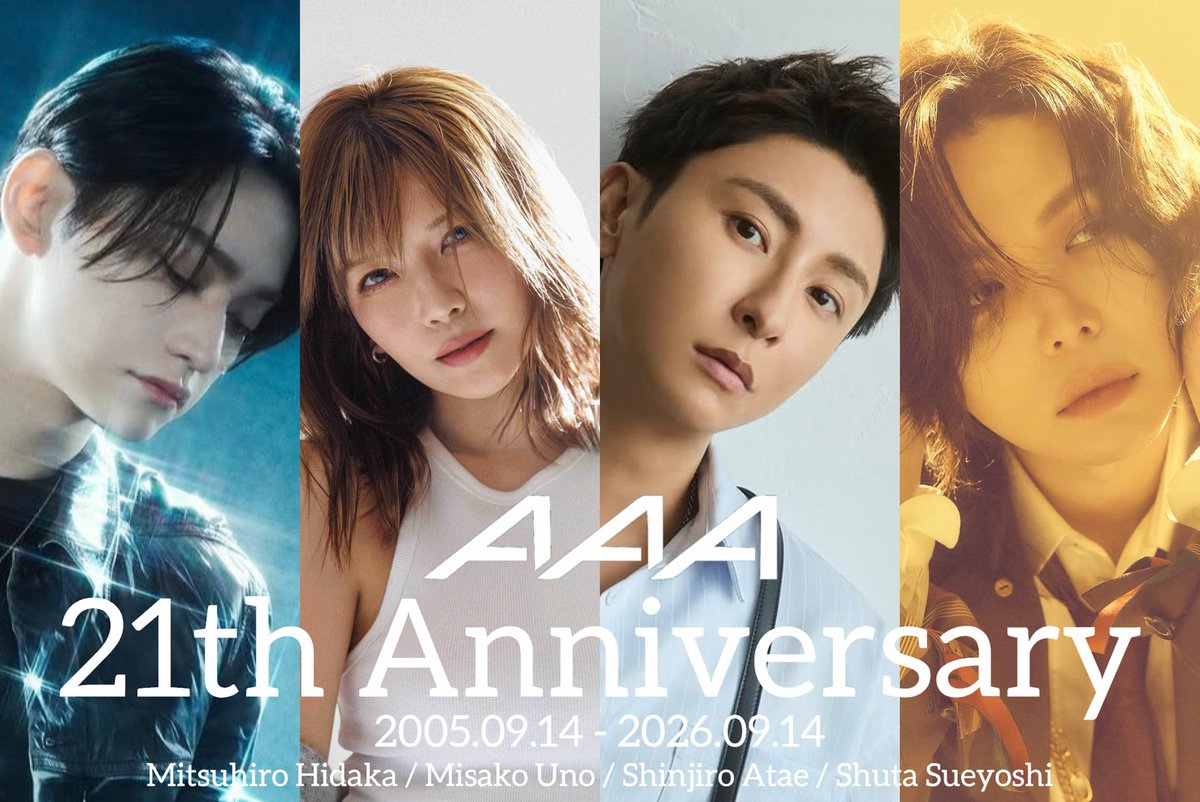aaa_arashi_1124's tweet photo. AAA 21th Anniversary.
2005.09.14 - 2026.09.14

 #AAA 
 #AAA21thAnniversary 
 #AAA21stAnniversary 
 #AttackAllAround 

 #日高光啓 
 #宇野実彩子 
 #與真司郎 
 #末吉秀太 https://t.co/kcalrOeO2H