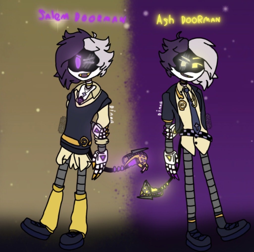 dinodeath07's tweet photo. So I had a fun idea. And I just went for it.  
Salem Doorman and Ash Doorman!
Characters created by @Jazperstarr 
I love my immortal so much that I just had to draw two of my favourites in my style🤩🥰🥹
#murdedronesfanart #murdedrones https://t.co/8vNNzk0j1v