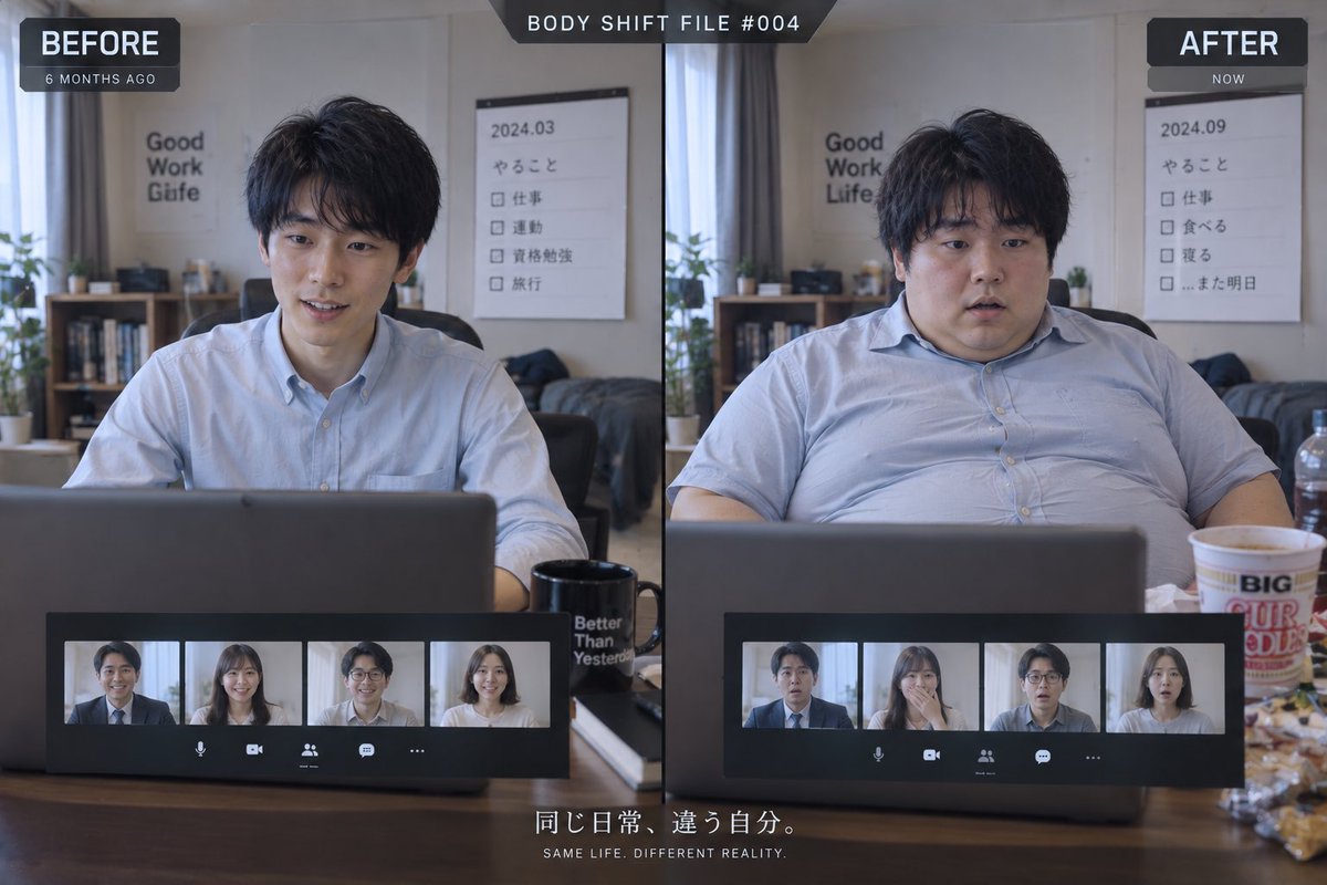 BodyShiftFiles's tweet photo. BODY SHIFT FILE #004

「半年ぶりのカメラON」

半年前まで、毎日のように顔を合わせていた。

在宅勤務になって半年。
久しぶりにカメラをONにすると――

同僚が最初に気づいたのは、
背景ではなく彼の変化だった。

BEFORE：6か月前
AFTER：現在

#肥満化 #体型変化 #AI画像 #BeforeAfter https://t.co/AT4VCLYBEg