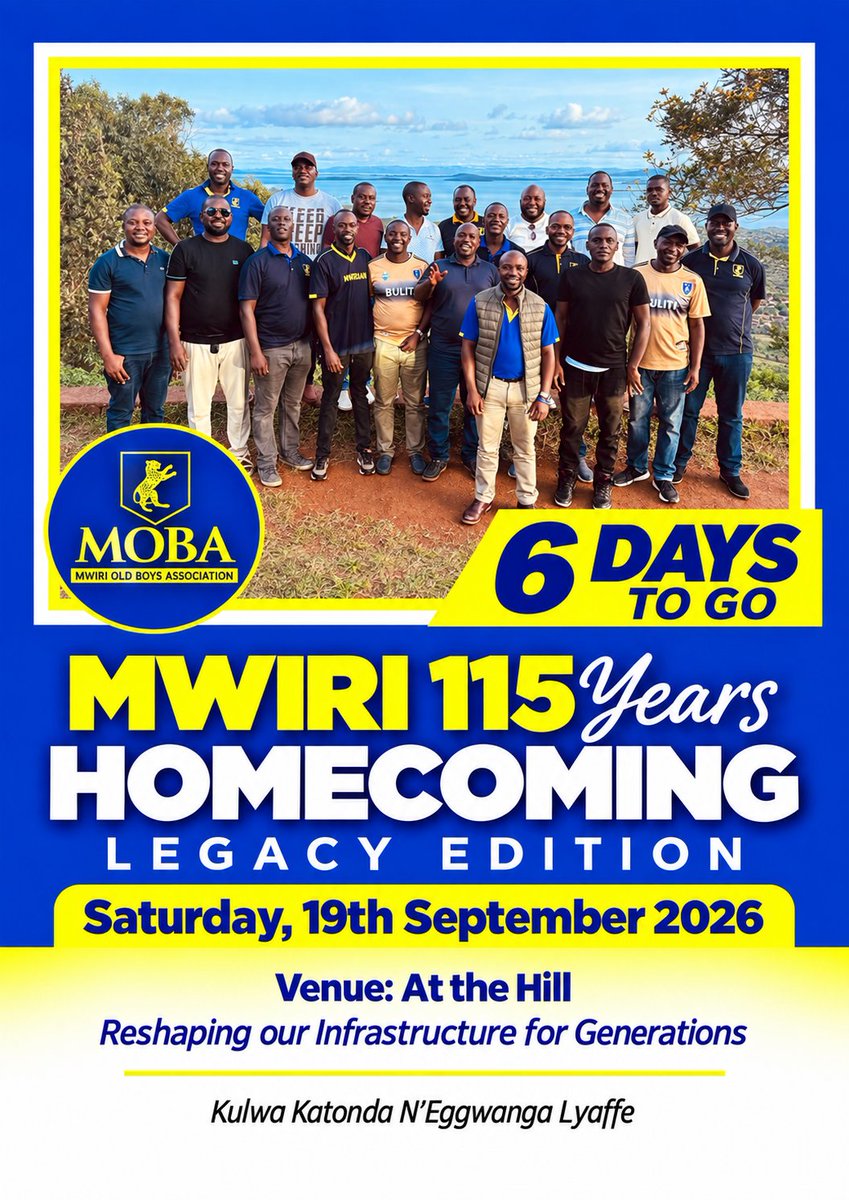 Mwirian1911's tweet photo. 6 days to go!  

The excitement is officially real.

The MOBA elective AGM and Homecoming is getting closer .Don't miss out on the Fun , Entertainment and the opportunity to reconnect with fellow Mwirians.

See you at the Hill! 💙💛

#MOBA2026 #MwiriHomecoming #6DaysToGo https://t.co/HncDA3fBSp