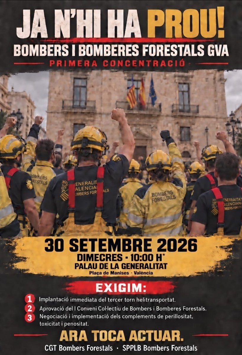 Alicia_Andujar's tweet photo. Después de un verano que ha evidenciado la precaria situación del colectivo de @GVAbforestals por la nefasta gestión y los engaños de @JCValderrama25 conseller de @GVAEmergencias , el próximo 30 de septiembre los bomberos forestales se concentrarán en el Palau.
Ja n'hi ha prou! https://t.co/dpsOMNgxQP