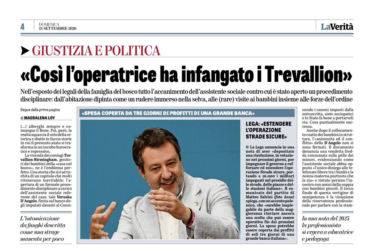 madforfree's tweet photo. Ecco perché Veruska D'Angelo, l'assistente sociale che ha fatto scoppiare il caso della "famiglia del bosco", è finita sul banco degli imputati dell'Ordine: dal blitz per strappare i tre bambini ai Trevallion ai raid senza mandato e i verbali fantasy smentiti dai fatti. "Privilegiare ad ogni costo lo sviluppo della sfera emotiva a discapito di quella cognitiva rappresenta una adulterazione che deve necessariamente portare alla difesa dei diritti dell'infanzia", scriveva la sceriffa del welfare. Traduzione: se non educate i vostri figli secondo il manuale dello Stato Etico imposto dalla sottoscritta, siete sociopatici e lo Stato fa bene a portarveli via. Cosa puntualmente successa.

Oggi su @LaVeritaWeb