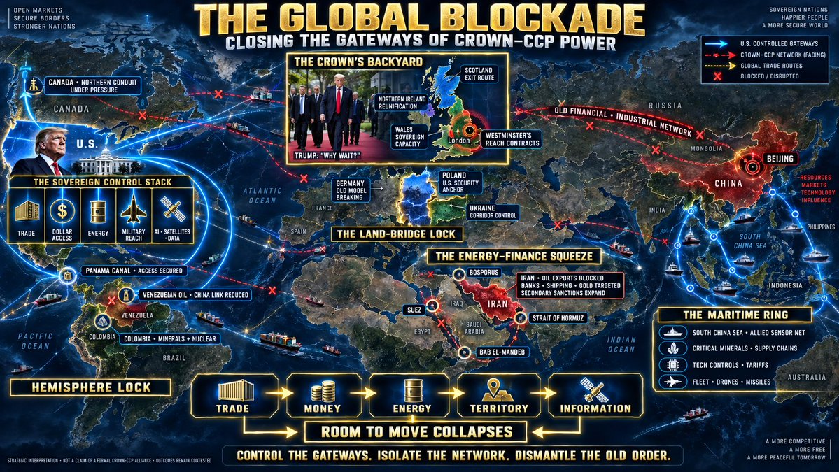 holonabove's tweet photo. Let’s zoom all the way out, shall we... every move lands on the same map...

Trump has positioned America around the gateways the old order used to move power across the world... trade, dollar access, energy, military reach, borders, satellites and data now operate as one control layer...

Poland and Ukraine lock the eastern land bridge while Germany is pulled out of the arrangement that tied Russian energy to Chinese demand through London finance... 

Iran’s oil route into China is being closed as Treasury follows the money through banks, shipping networks, gold markets and every intermediary still carrying it... 

Canada’s northern conduit is exposed as Trump turns access to the American market into leverage...

Now the pressure has reached the Crown’s own backyard... Ireland rolls out the red carpet for Trump and he tells the world reunification is coming...

Northern Ireland, Scotland and Wales move further from Westminster while the Crown loses reach abroad and the United Kingdom begins pulling apart around it at home...

See how much control Trump has created? The old network can still move, but every road now leads toward a gate America controls... 

The land bridge is locked... the financial rails are closing... the hemisphere is secured... and the maritime routes are surrounded...

Trump took control of the spaces between the pieces, now the Crown, CCP, and globalist control mechanisms are running out of room to move... the global blockade is real...