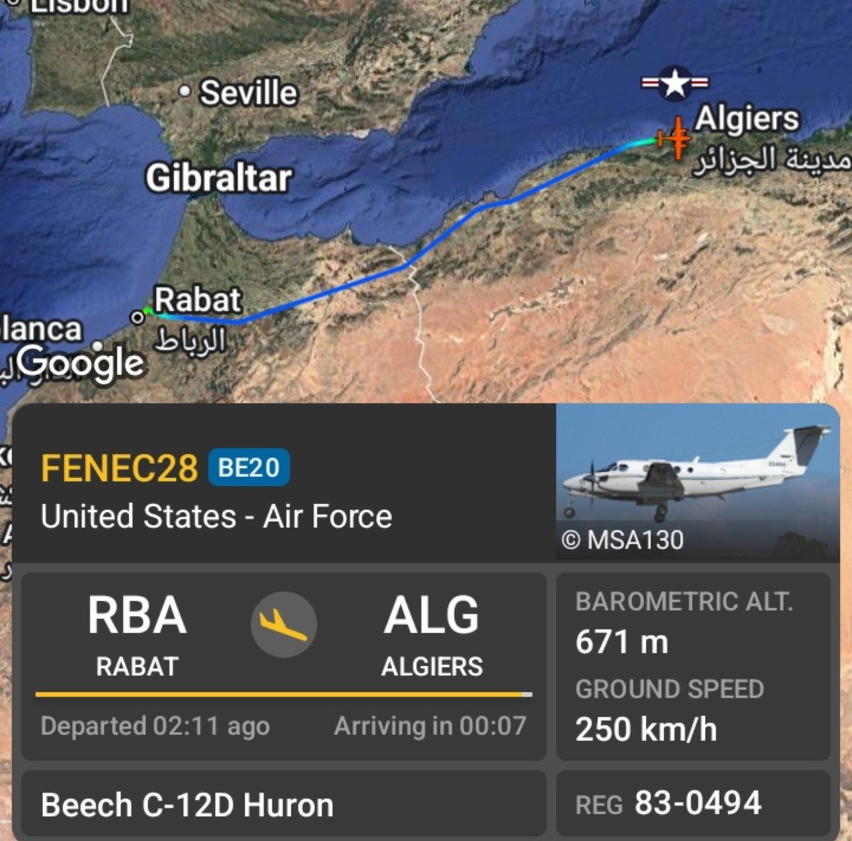 OfficielNi's tweet photo. U.S. diplomats’ aircraft in Morocco landed in Algeria today, flying directly between the two capitals 🇲🇦🇺🇸🇩🇿 https://t.co/aOtV1cUAfx