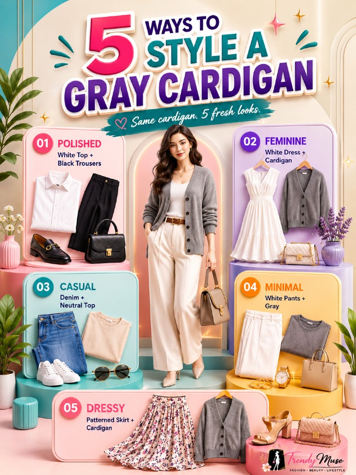 basuamar1972Ari's tweet photo. Think a gray cardigan only suits one style? Think again. From polished workwear and feminine dresses to casual denim, minimalist neutrals, and dressy skirts, one cardigan creates five distinct looks. Which would you wear first? https://t.co/J09pVMB9tA