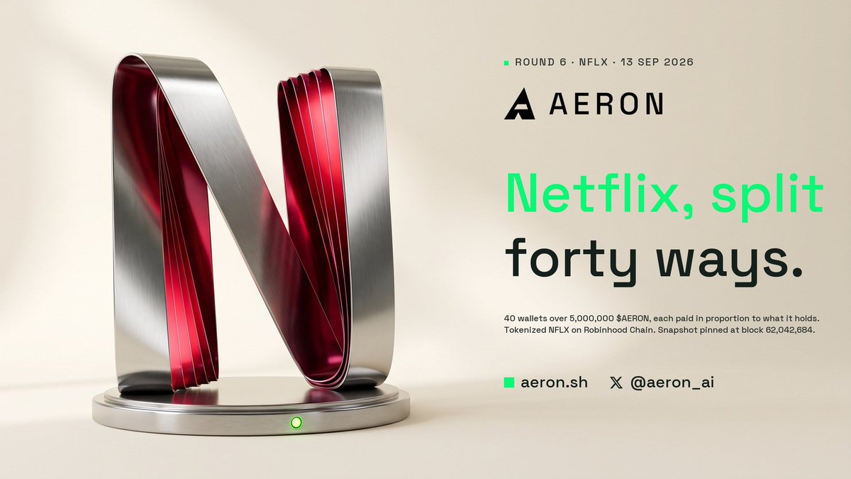 Aeron_ai's tweet photo. Round 6 settled: 0.513935 NFLX across 40 wallets.

What the rail earns does not stay with the rail.

Every x402 settlement lands at the same address these rounds are paid from, and eligible $AERON holders are paid out of it, weighted by balance at a block pinned before anything moves.

Agents pay, the treasury earns, the treasury buys real assets, eligible holders are cut in.