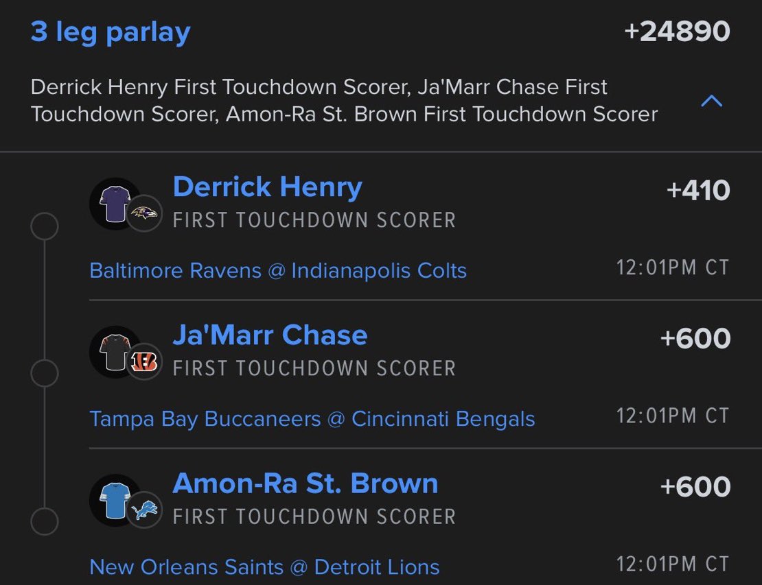 MBWHYTESBET's tweet photo. 🔥🏈 3-LEG NFL FIRST TD PARLAY 💰🔥
1️⃣ Derrick Henry — First Touchdown Scorer 👑
2️⃣ Ja’Marr Chase — First Touchdown Scorer 🐅🔥
3️⃣ Amon-Ra St. Brown — First Touchdown Scorer ⚡🦁
🎯 +24890 ODDS 🚨💰
💣 3 FIRST TD PICKS • HUGE ODDS • LET’S CASH! 🏈🔥
#NFL #NFLParlay #FirstTD #FirstTouchdown #NFLPicks #NFLBets #SportsBetting #ParlayBets #BettingTwitter #FootballBets
@Playbook