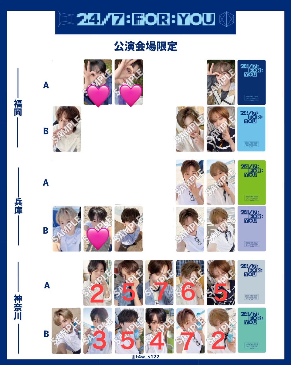 hanjiniy_'s tweet photo. TWS TOUR 24/7:FOR:YOU IN JAPAN ラキドロ トレカ 兵庫 神戸 横浜 神奈川 交換

【譲】 画像の数字ついているトレカ(数字は所持している枚数です)

【求】 数字ついていない画像のトレカ(🩷＞無印)

シニュは1：2の交換可能です◎
郵送交換希望。
お気軽にお声掛けください🙇‍♀️ https://t.co/3sqUBgDX5g