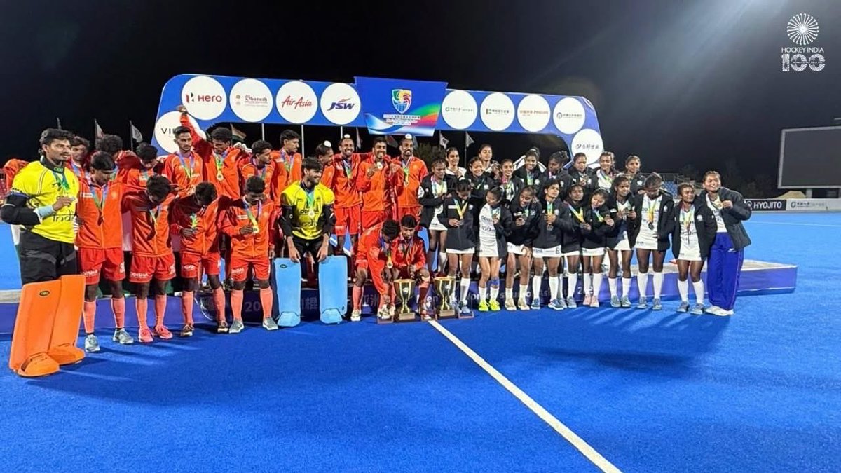 DilipTirkey's tweet photo. 🏆🇮🇳 A historic day for Indian hockey!

Our Junior Men’s Team won a record-extending 6th Junior Asia Cup, defeating Korea 4-1, while our Junior Women’s Team secured a historic 3rd title, beating China 1-0! 👏

Both victories also seal qualification for the FIH Junior World Cups. https://t.co/EVhCwQFoUY