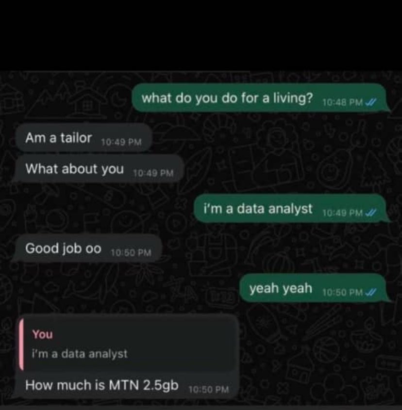 vheeorji22's tweet photo. Some people think data analysts sell mobile data 😂 https://t.co/rECwiH1JX4