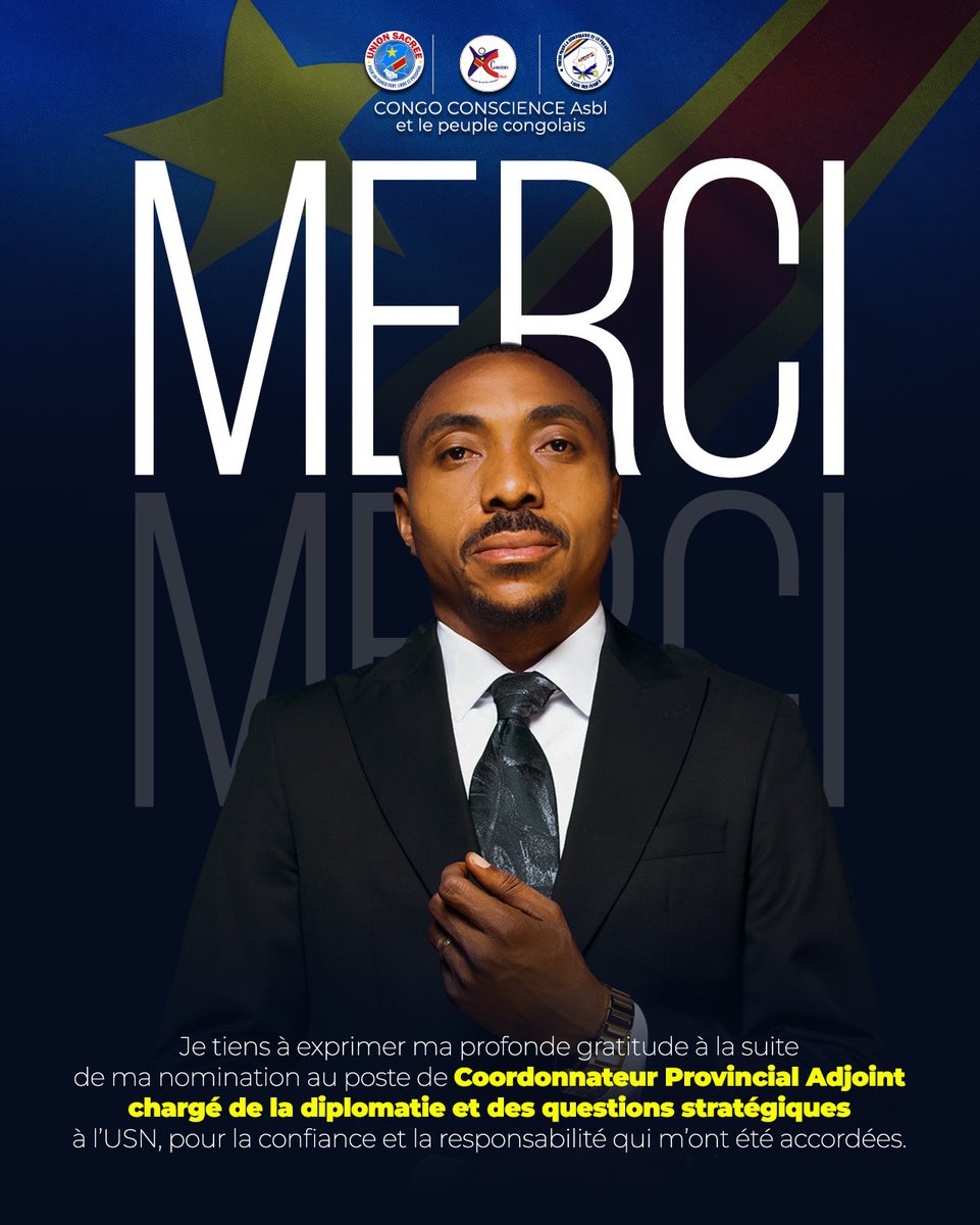 P_Mukendi_Offic's tweet photo. MOT DE REMERCIEMENT

À la suite de sa nomination, le Président Prince MUKENDI MPUNGA exprime sa profonde gratitude à l’UDPS et à l’USN pour la confiance qui lui est accordée.

Il s’engage à honorer cette confiance par le travail, la loyauté et l’action.
#kinshasa #USN #UDPS https://t.co/O8GF3QpyLw