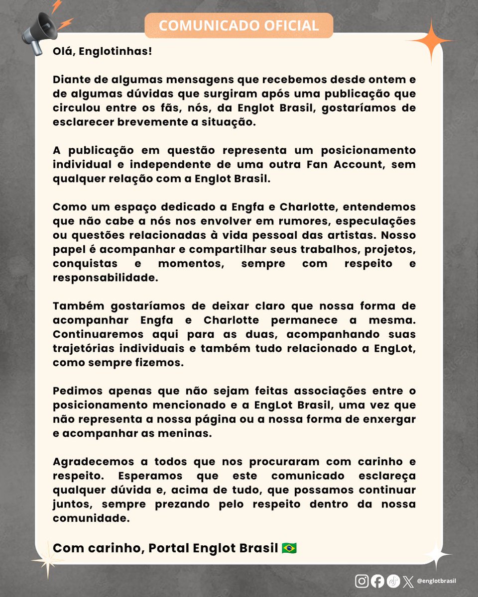 englotbrasil's tweet photo. 📢 COMUNICADO OFICIAL

Diante de algumas dúvidas que chegaram até nós, achamos importante deixar este breve esclarecimento. Pedimos que leiam com carinho e respeito🤍🫂

#อิงล็อต #englot https://t.co/775zKAcPB9