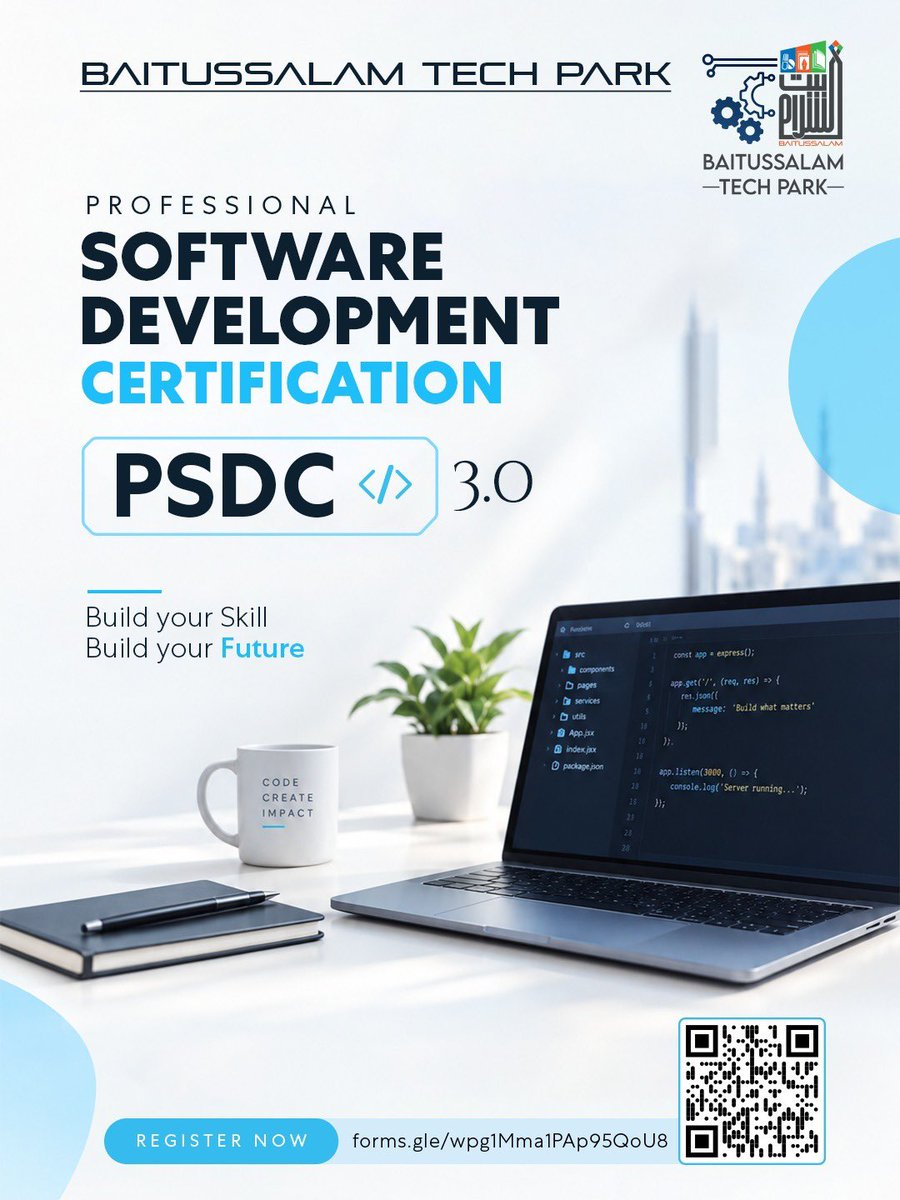Baitussalam_Org's tweet photo. Build your skill. Build your future.
Baitussalam Tech Park presents PSDC 3.0, Professional Software Development Certification.
Register now: https://t.co/wAbonWrCQg
#BaitussalamTechPark #PSDC3 #SoftwareDevelopment #SkillDevelopment #LearnWithBaitussalam https://t.co/Lbx69i2mVg