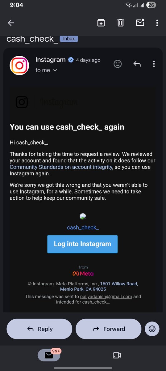 cash_check_'s tweet photo. See this email , you yourself confirmed that my account follows your community guide lines @instagram , plzz help me recover my account. https://t.co/JPn7idHsyL