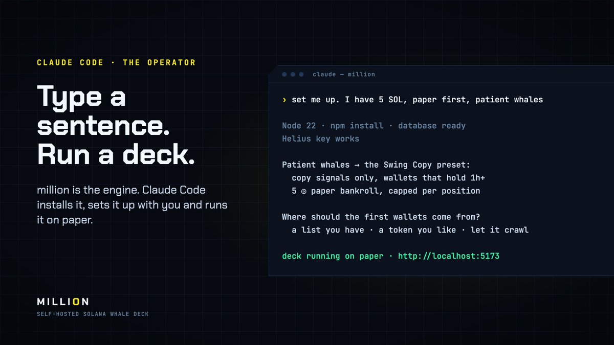 pipthetree's tweet photo. You don’t have to be a developer to run a #Solana whale deck anymore.

million is the engine. Claude Code is the operator.

Clone it, type "set me up", answer a few questions. Claude installs it, picks your preset, sizes it and starts it on paper. https://t.co/N6ddHsIPTU