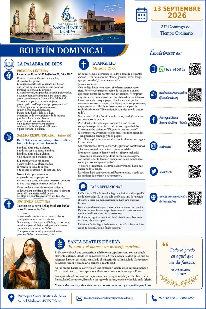 StaBeatriz's tweet photo. #HojaDominical de nuestra Parroquia de Santa Beatriz de Silva para el domingo XXIV del tiempo ordinario, 13 de septiembre de 2026
#StaBeatrizToledo https://t.co/RGaCCuMizf