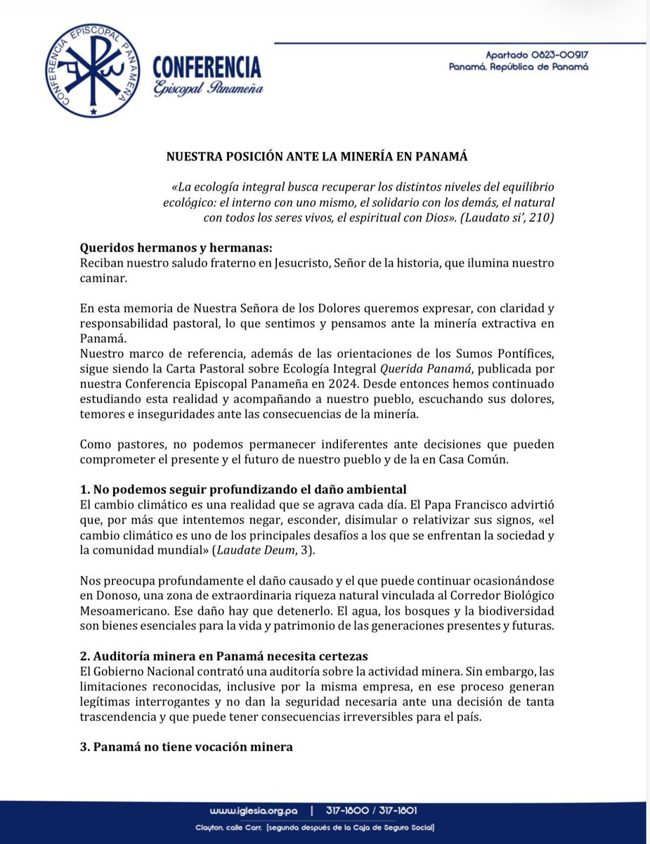 GriselB's tweet photo. "La minería metálica a gran escala irrumpe de manera dañina", sostiene la  Conferen Episcopal Panameña. https://t.co/oyjozxKLIK