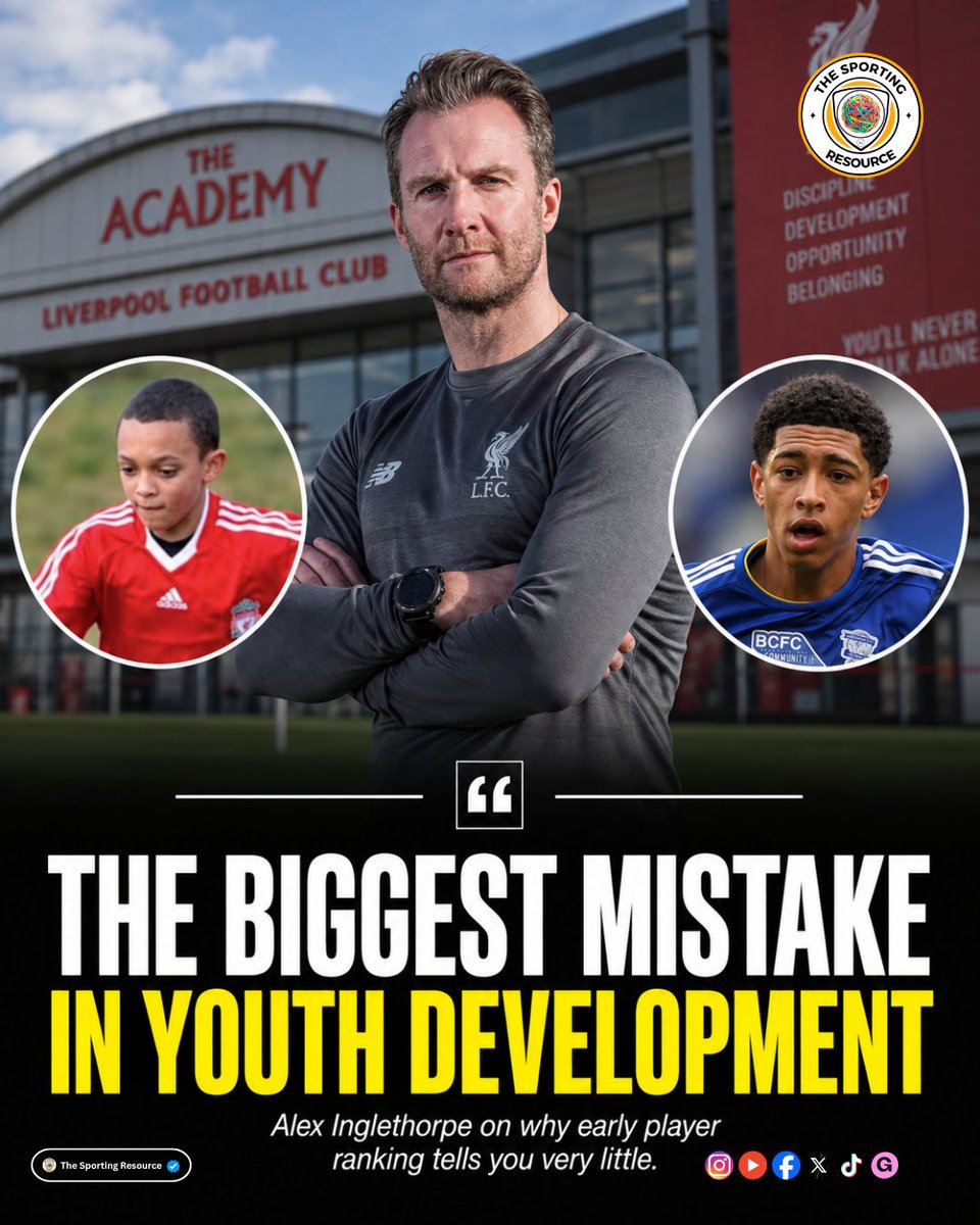 TheS_Resource's tweet photo. Alex Inglethorpe, Liverpool’s Academy Director, is blunt about early ranking in youth football:

"It can tell you very little about what a player may eventually become."

He discussed this on the High Performance Podcast, using examples from players he had seen develop across academy football.

• Trent Alexander-Arnold wasn’t number one in his group.
• Conor Bradley wasn’t number one in his group.
• Jarell Quansah wasn’t number one in his group at that stage.

You could keep going, every now and again, you get the obvious one.

• Jude Bellingham at Birmingham. 
• Wayne Rooney at Everton.

Players who stood out early and continued to stand out, but they are not the only route to the top.

Harry Kane is another useful example. 
⤷ At Tottenham around 13, Inglethorpe described him as being somewhere around the middle of the group rather than one of the obvious leading players.

Then Brad Friedel watched him and made a simple observation: “He finishes like Robbie Fowler.”
→ "No big backlift"
→ "Hits the ball hard"
→ "Finds the corners"

That comment changed how Kane was being viewed and that is the wider point. Young players do not develop in a straight line. Physically, technically, psychologically and socially everything can fluctuate. 

So judging a player too heavily on where they sit in the group at 9, 11, 12 or 13 risks confusing their current level with their future potential.

The player at the top may stay there and the player in the middle may have far more development ahead of them. The player struggling today may simply be dealing with a physical, technical or experiential gap that looks very different several years later.

The danger is when adults become obsessed with the podium rather than the trajectory.

• Who is currently best?
• Starts all the time?
• Scores most?
• Looks physically dominant?
• Appears furthest ahead?

Those things can be useful information, but they just should not become a verdict.

Inglethorpe’s message is a useful reminder:
"Stop treating a child’s current position in the group as a prediction of where they will finish."

Look at the direction they are moving in.

Rather than focusing too heavily on where a young player is at that moment, look at the direction they are heading, their behaviours, the habits they are developing, how they learn, how they respond to challenge, and how much development may still be ahead of them

This came from Alex Inglethorpe’s appearance on the High Performance Podcast - @mrjakehumphrey :
https://t.co/FsrANpbxzd

We originally shared this post last year, but with more than 10,000 new followers since then, many of you may not have seen it.