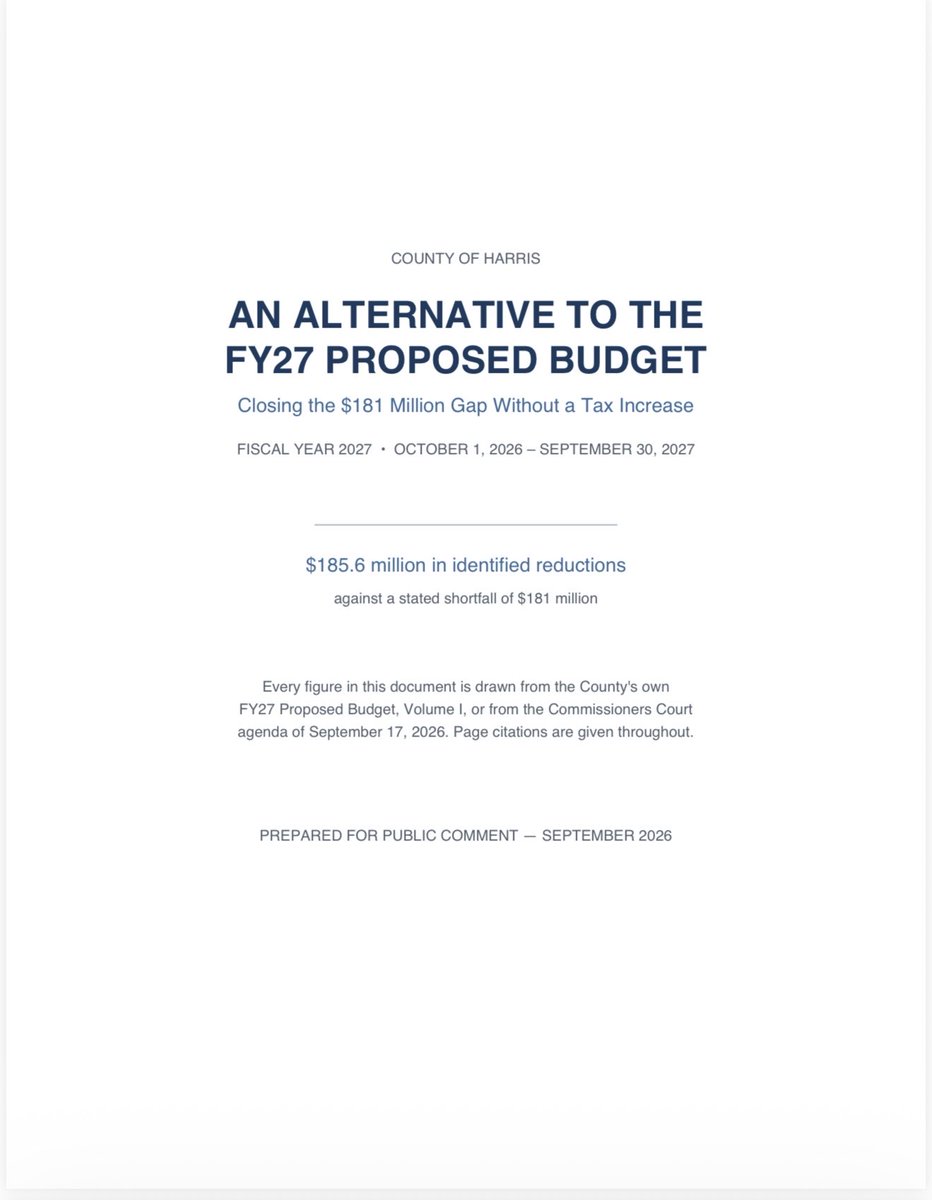 StopTheCorrupt's tweet photo. ATTENTION EVERYONE; Harris County Commissioners said a 7.6% tax hike is your only option. Their own 128-page budget says otherwise.

I spent 100+ hours going through everything. What I found:

• $93.4M sitting unspent by the 5 of them right now (p.72) — added to the budget AFTER public comment ends
• Their own $25M hiring freeze got cut to $5M this year (p.74)
• 13 officials getting raises to $305K (p.101)
•Their own budget says 80/20 healthcare cost-share is standard — they still cover 90%+ (p.16)

This is a deficit of choice, not necessity. Stop blaming Trump. Look at page 72.

@RodneyEllis @adriangarciaHTX @LesleyBrionesTX @HCP4__Briones @HCPrecinct4 — explain the $93.4M.