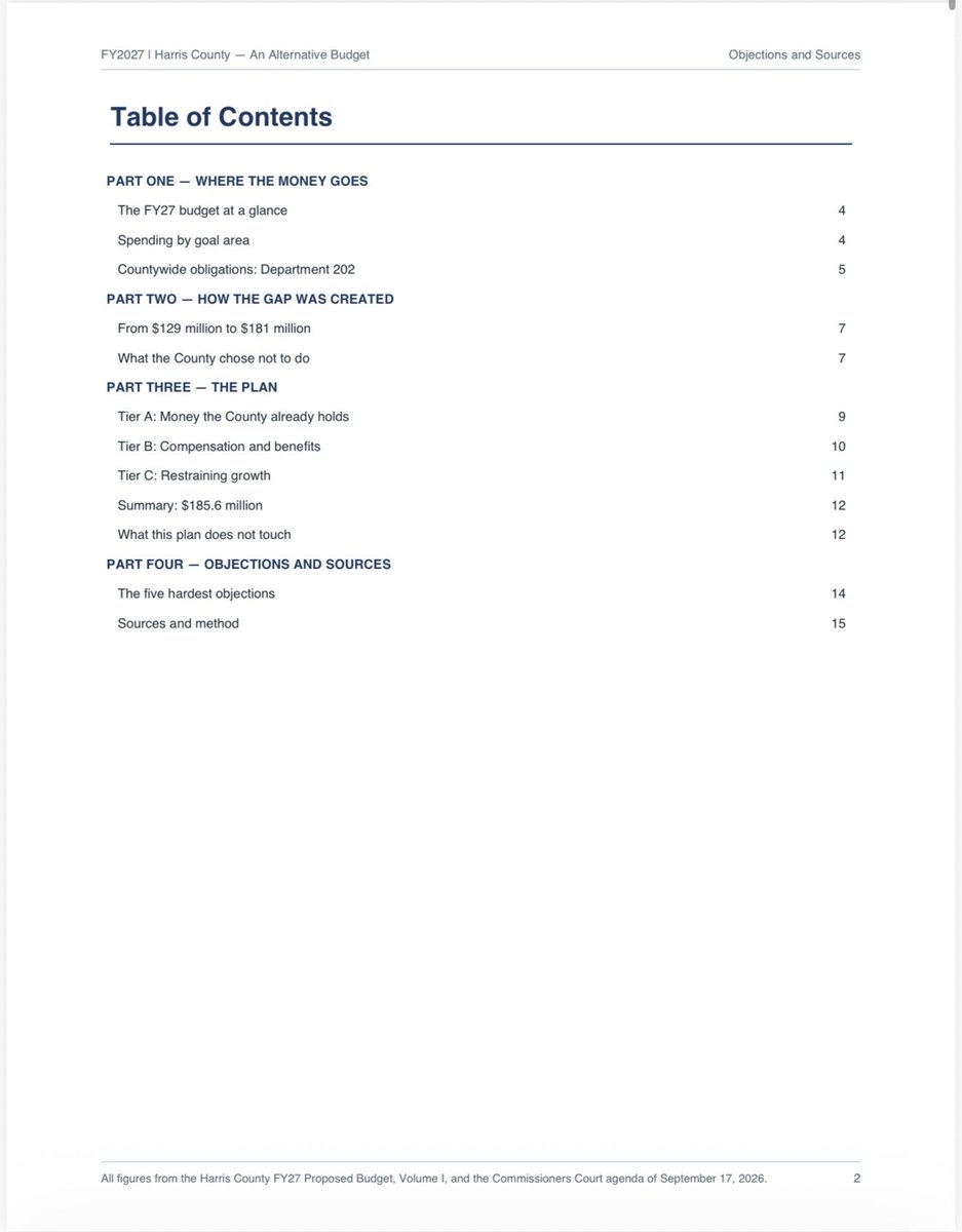 StopTheCorrupt's tweet photo. ATTENTION EVERYONE; Harris County Commissioners said a 7.6% tax hike is your only option. Their own 128-page budget says otherwise.

I spent 100+ hours going through everything. What I found:

• $93.4M sitting unspent by the 5 of them right now (p.72) — added to the budget AFTER public comment ends
• Their own $25M hiring freeze got cut to $5M this year (p.74)
• 13 officials getting raises to $305K (p.101)
•Their own budget says 80/20 healthcare cost-share is standard — they still cover 90%+ (p.16)

This is a deficit of choice, not necessity. Stop blaming Trump. Look at page 72.

@RodneyEllis @adriangarciaHTX @LesleyBrionesTX @HCP4__Briones @HCPrecinct4 — explain the $93.4M.
