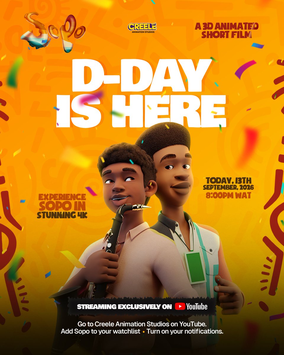 CreeleStudios's tweet photo. Today’s the day. 🎬

SOPO is officially here!

Join us today, 13 September at 8PM WAT for the global release of our 3D animated short film, streaming exclusively on YouTube in stunning 4K.

Set your reminder. Be there. 

#SOPO #3dAnimation #AfricanAnimation https://t.co/DYU5JKgCuU