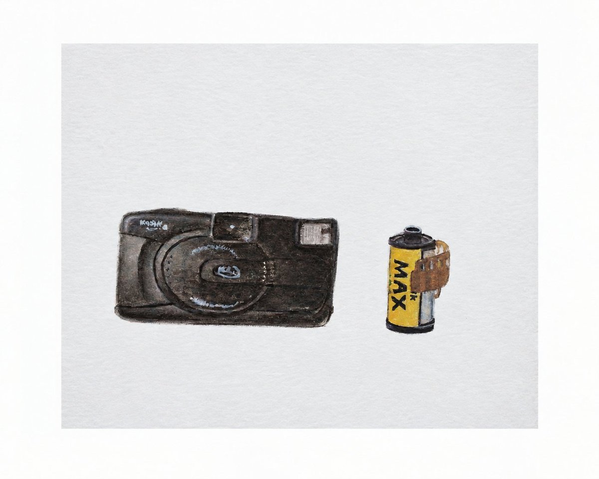 Md_Naim_'s tweet photo. ANUSMARAN | 12 
The vessel of all these memories.
A point &amp; shoot film camera paired with a roll, the medium that captured an entire era before digital screens took over.
Miniature watercolor on Paper 2.5x3 inch 
#MiniaturePainting  #WatercolorArt #ArtOnx #ArtistonX #art #artist https://t.co/M5m8tenKoP