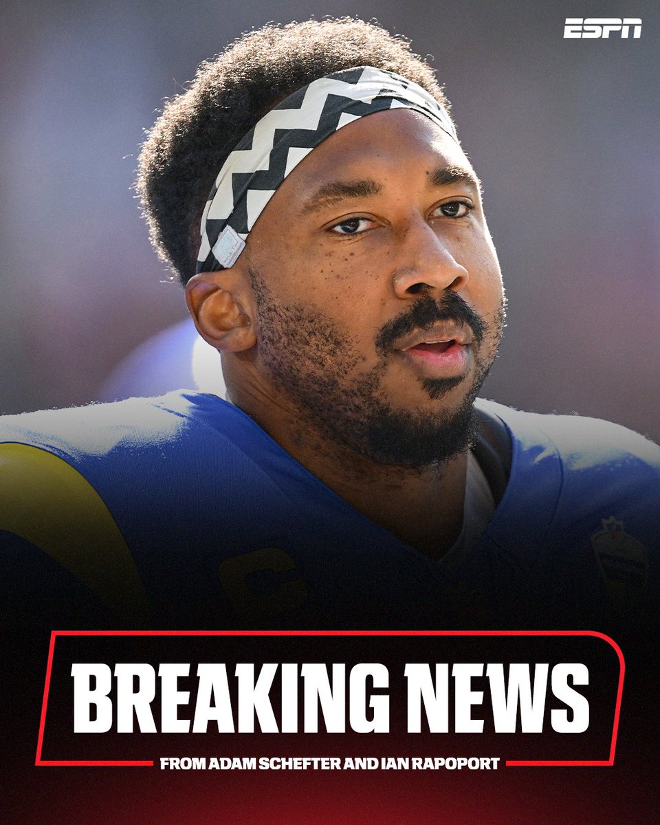 espn's tweet photo. Breaking: Rams star Myles Garrett will be out a minimum of four games and undergo arthroscopic surgery on his knee, sources told @AdamSchefter and @RapSheet.

He will be placed on IR. https://t.co/TzurJKWtEk