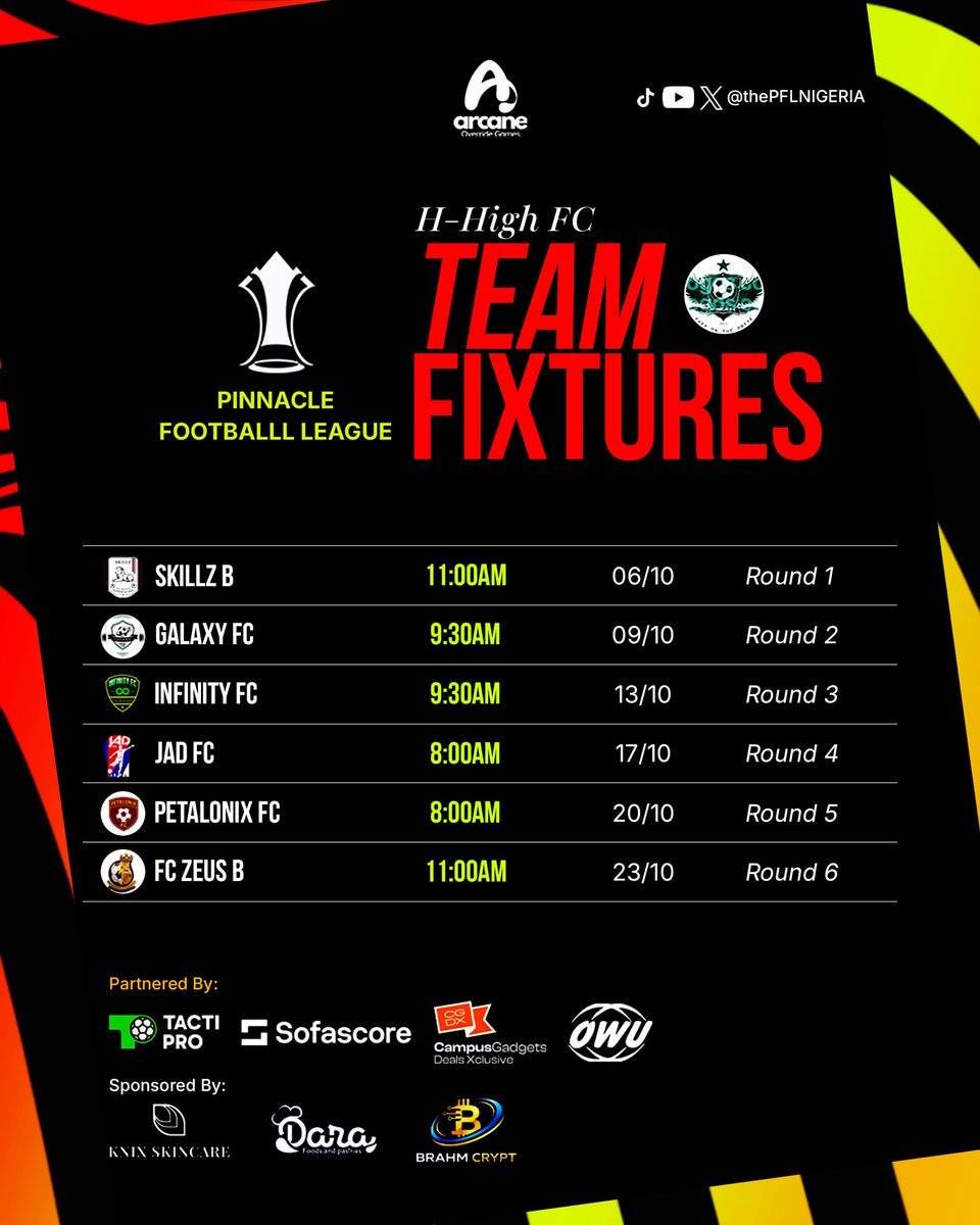 the_PFLNIGERIA's tweet photo. ๐จ H-HIGH FC FIXTURES ARE OUT! โฝ๐ฅ
The campaign starts October 6th.
6 rounds. 6 battles. ๐
How many points are H-High FC getting? Drop your prediction ๐
#PFL2 #HHighFC https://t.co/E4lxh2yYEw