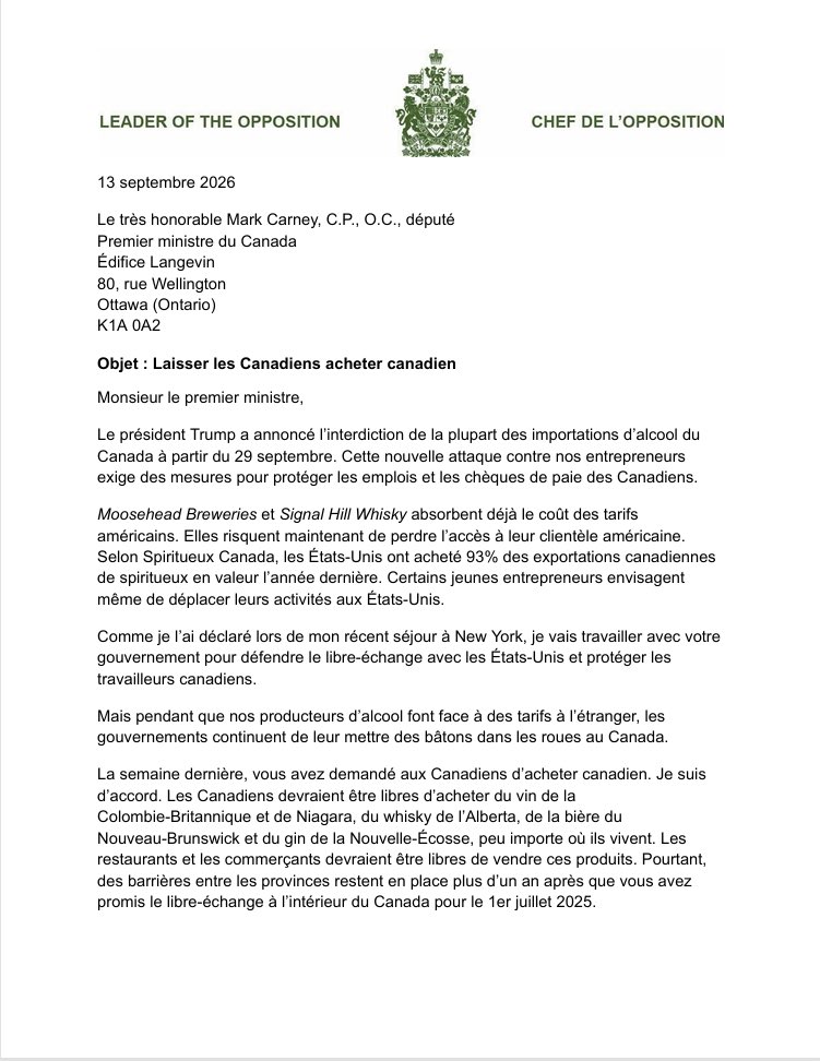 PierrePoilievre's tweet photo. Le premier ministre avait promis le libre-échange au Canada pour le 1er juillet 2025. Ce n'étaient que des paroles en l'air.

Un an et demi après avoir promis une seule économie canadienne, les obstacles du fédéral continuent de mettre des bâtons dans les roues du commerce interprovincial.

Non seulement il n’a pas tenu sa promesse, mais il a aussi augmenté les taxes et imposé d’autres coûts aux producteurs d’alcool canadiens.

Les Canadiens devraient pouvoir facilement acheter canadien. Il faut adopter le projet de loi du député conservateur Dan Albas pour autoriser l’expédition d’alcool 🇨🇦 entre les provinces, et il faut soutenir le Plan d’action économique des conservateurs pour réduire les taxes, éliminer la paperasse et stimuler l’investissement : https://t.co/Daxm2v5JAA