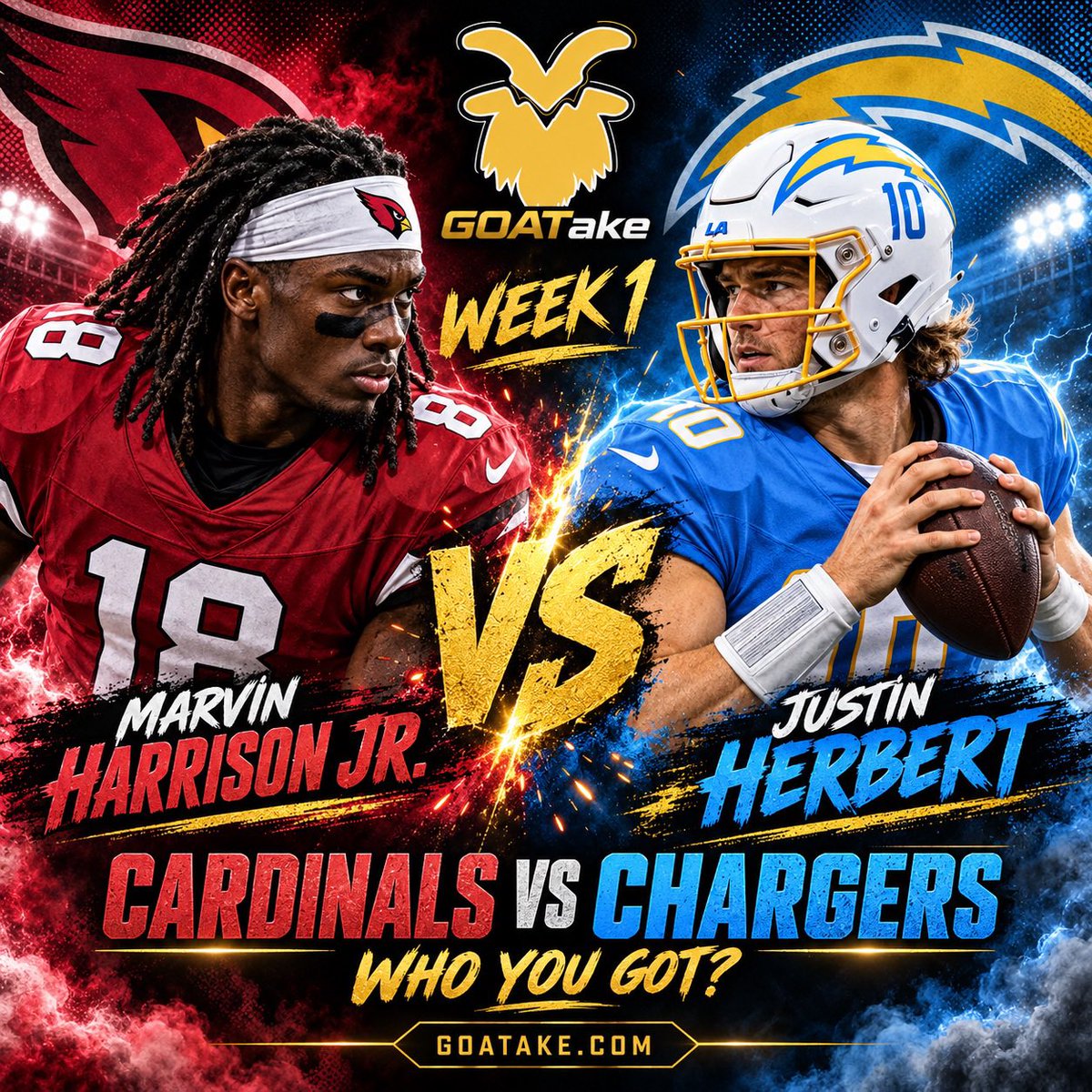 goatake_'s tweet photo. Week 1: Cardinals and Chargers. Who yall got?

I’m going with the Chargers. I’ve got Love with 65+ yards and a TD.

Think you know ball? 

Make all of your predictions at https://t.co/lK9rbWsdgr 🐐 

Everything tracked. Everyone ranked. 📈 https://t.co/2RqEioN20N