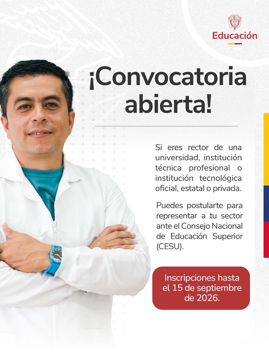 Mineducacion's tweet photo. El Ministerio de Educación Nacional invita a participar en el proceso para la selección de integrantes del Consejo Nacional de Acreditación (CNA) en los perfiles de Ciencias Naturales, Matemáticas y Estadística; Ciencias Sociales, Periodismo e Información; y Bellas Artes.

🔗Más información, convocatoria, instructivo y anexos en: https://t.co/k3dI0SpaLg