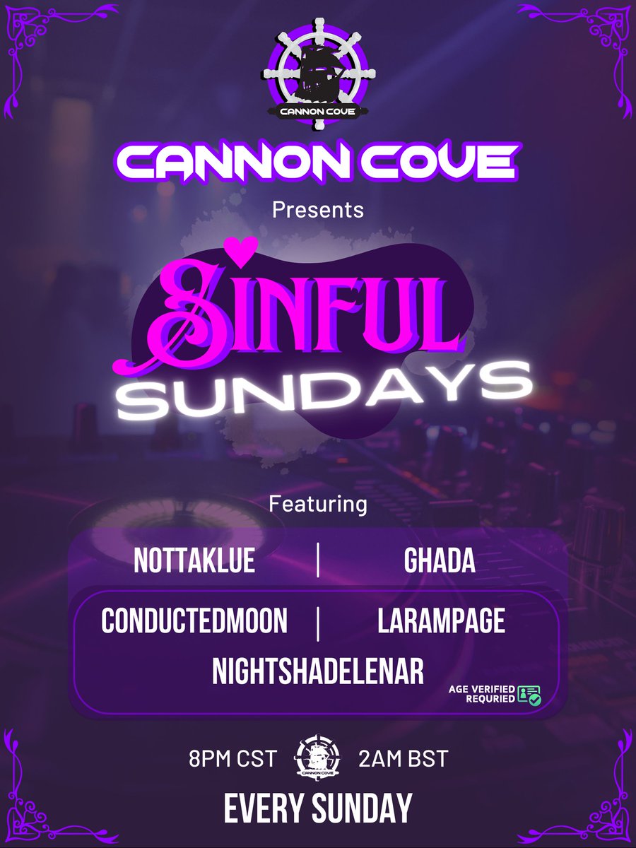 Cannon_Cove's tweet photo. Let's get Sinful~!     
(all times CST)        
SFW | Starburrow | 8-10PM        
NSFW | Warehouse | 10-1AM |        
AGE VERIFIED REQUIRED        
DJs: 8PM – NottaKlue 9PM – Gahda 10PM – Conductedmoon 11PM – Larampage 12AM – Nightshadelenar
Hosts: Fawn | C.moon | Redsavann https://t.co/b9qmUpnaKP